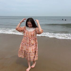 Orange and White Midi Resort Sundress with Puff Sleeves